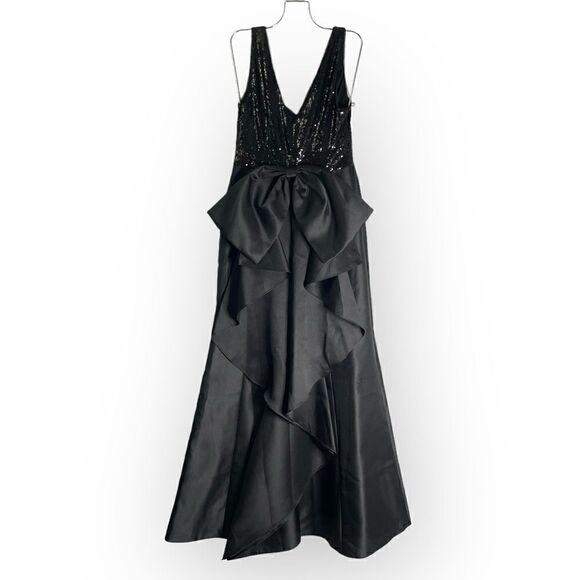 Adrianna Papell Women's Sequin Mikado Gown Black Bow Back Dress Size